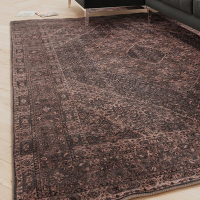 Vintage Design Cotton Chenille Rug Brown Charcoal Machine Washable ...