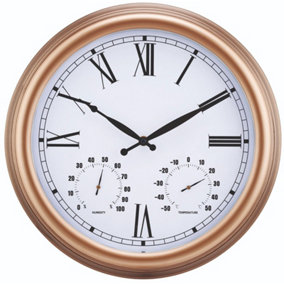 Vintage Design Garden Clock - Battery Powered Waterproof Wall Clock with Hygrometer & Thermometer - 38cm Diameter, Copper