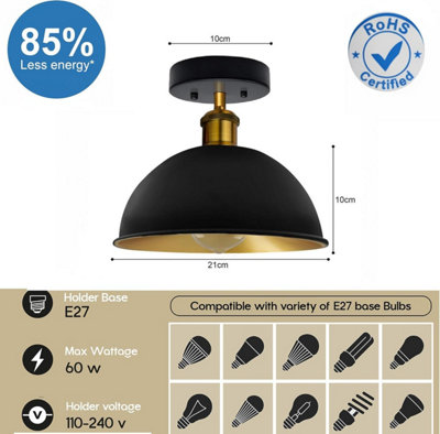 Vintage E27 Flush Ceiling Light with 21cm Black Inner Gold Dome Lamp ...