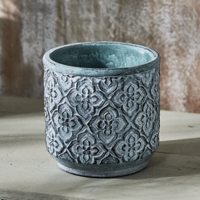 Vintage Embossed Trellis Design Small Flower Planter Indoor Outdoor Plant Pot (H) 15cm, (Dia)15cm