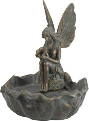 Vintage Fairy Water Fountain - Solar Powered Bronze Patina Winged Fairy Colour Water Feature