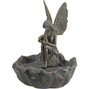 Vintage Fairy Water Fountain - Solar Powered Bronze Patina Winged Fairy Colour Water Feature