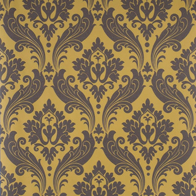 Vintage Flock Damask Ochre Black / Yellow Wallpaper