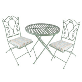 Vintage Green 3 Piece Outdoor Garden Furniture Dining Table and Chair Folding Bistro Set with Free Set of 2 Blue Box Cushions