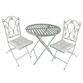 Vintage Green 3 Piece Outdoor Garden Furniture Dining Table and Chair Folding Bistro Set with Free Set of 2 Blue Seat Pad Cushions