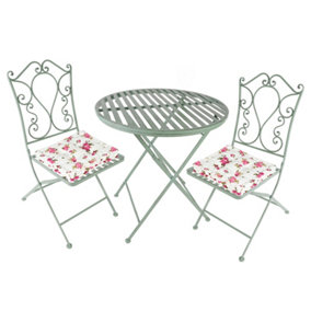 Vintage Green 3 Piece Outdoor Garden Furniture Dining Table and Chair Folding Bistro Set with Free Set of 2 Floral Box Cushions