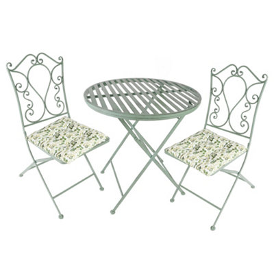 Vintage Green 3 Piece Outdoor Garden Furniture Dining Table and Chair Folding Bistro Set with Free Set of 2 Green Seat Pads