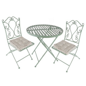 Vintage Green 3 Piece Outdoor Garden Furniture Dining Table and Chair Folding Bistro Set with Free Set of 2 Grey Box Cushions