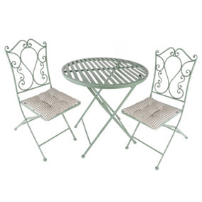 Vintage Green 3 Piece Outdoor Garden Furniture Dining Table and Chair Folding Bistro Set with Free Set of 2 Grey Seat Pad Cushions