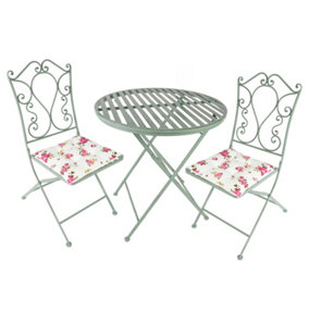 Vintage Green 3 Piece Outdoor Garden Furniture Dining Table and Chair Folding Bistro Set with Free Set of 2 Pink Seat Pad Cushions