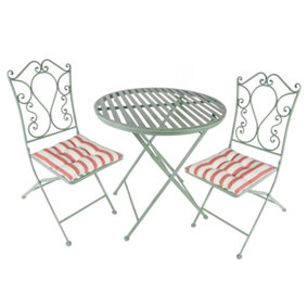 Vintage Green 3 Piece Outdoor Garden Furniture Dining Table and Chair Folding Bistro Set with Free Set of 2 Red Seat Pad Cushions