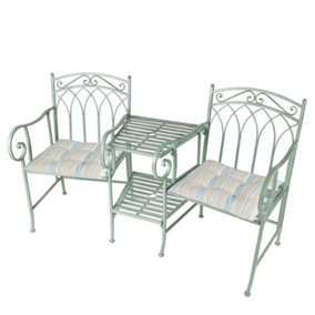 Vintage Green Arched Outdoor Garden Furniture Companion Seat Bench with Free Set of 2 Blue Seat Pad Cushions