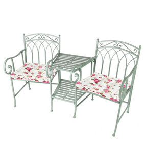 Vintage Green Arched Outdoor Garden Furniture Companion Seat Bench with Free Set of 2 Floral Box Cushions