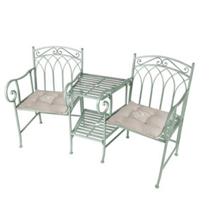 Vintage Green Arched Outdoor Garden Furniture Companion Seat Bench with Free Set of 2 Love Birds Seat Pad Cushions