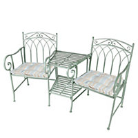 Vintage Green Arched Outdoor Garden Furniture Companion Seat Garden Bench with Free Set of 2 Blue Box Cushions