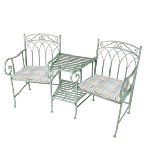 Vintage Green Arched Outdoor Garden Furniture Companion Seat Garden Bench with Free Set of 2 Blue Box Cushions