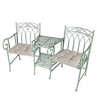 Vintage Green Arched Outdoor Garden Furniture Companion Seat Garden Bench with Free Set of 2 Grey Seat Pad Cushions