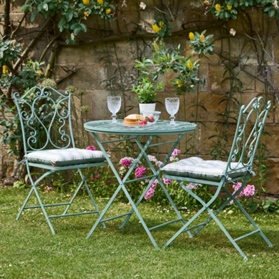 Vintage Green Ornate Scrolled 3 Piece Outdoor Alfresco Garden Furniture Dining Table and Chair Folding Bistro Set