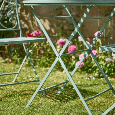 Vintage Green Ornate Scrolled 3 Piece Outdoor Alfresco Garden Furniture Dining Table and Chair Folding Bistro Set