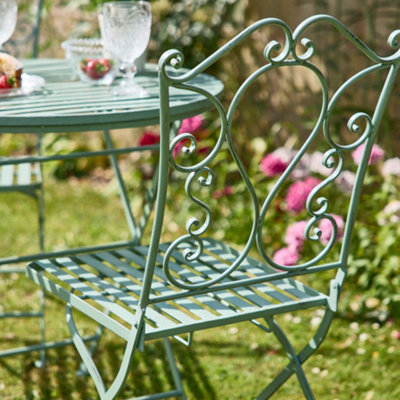 Vintage Green Ornate Scrolled 3 Piece Outdoor Alfresco Garden Furniture Dining Table and Chair Folding Bistro Set