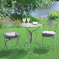 Vintage Grey 3 Piece Outdoor Alfresco Garden Furniture Dining Table and Chair Folding Bistro Set with Round Seat Cushions