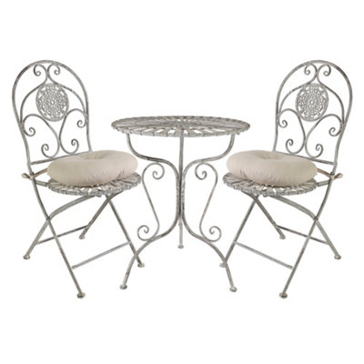 Vintage Grey 3 Piece Outdoor Alfresco Garden Furniture Dining Table and Chair Folding Bistro Set with Round Seat Cushions