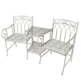 Vintage Grey Arched Outdoor Garden Furniture Companion Seat Bench with Free Set of 2 Blue Seat Pad Cushions
