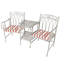 Vintage Grey Arched Outdoor Garden Furniture Companion Seat Bench with Free Set of 2 Red Seat Pad Cushions