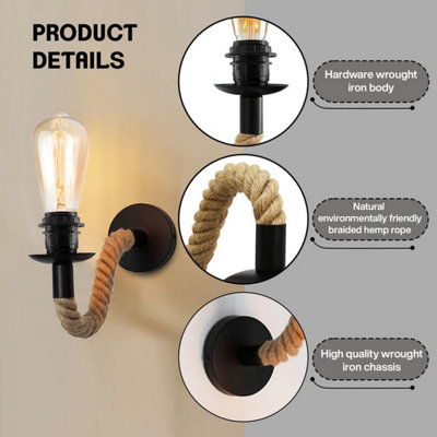 Vintage Hemp Rope Wall Lamp E27 Retro Indoor Wall Light