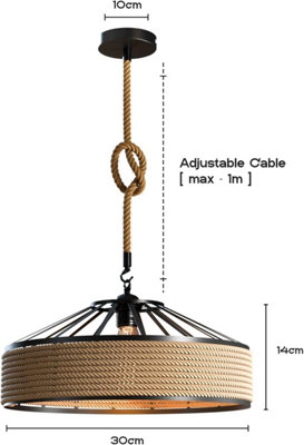 Vintage Industrial 30cm Ceiling Pendant Light Hemp Rope Metal Cage ...