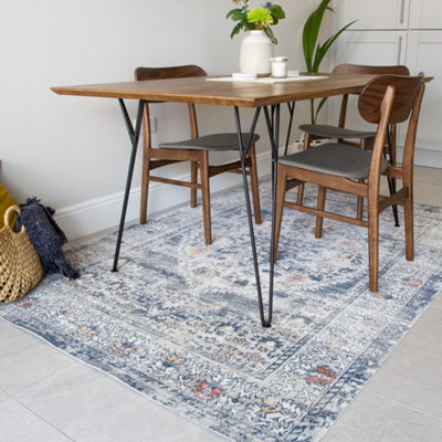Vintage Inspired Navy Blue Traditional Bordered Distressed Rug 160x230cm