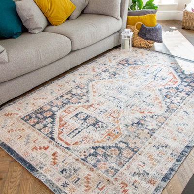 Vintage Inspired Terracotta & Blue Oriental Distressed Zero Pile Rug