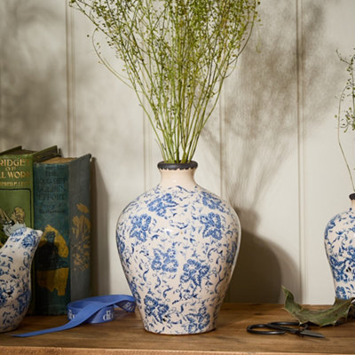 Vintage Large Blue Floral Stem Flower Vase H20 x Dia15cm