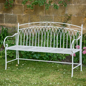 Vintage Large Cream Arched Outdoor Garden Furniture Bench with Table & Set of 2 Box Cushions