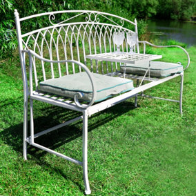 Vintage Large Cream Arched Outdoor Garden Furniture Bench with Table & Set of 2 Box Cushions