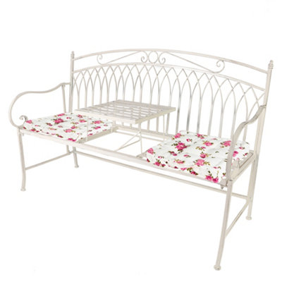 Vintage Large Cream Arched Outdoor Garden Furniture Companion Seat Bench with Free Set of 2 Floral Box Cushions