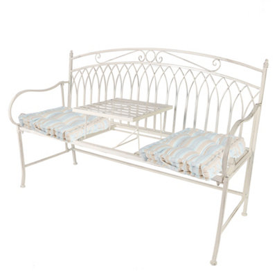 Vintage Large Cream Arched Outdoor Garden Furniture Companion Seat Garden Bench with Free Set of 2 Blue Box Cushions