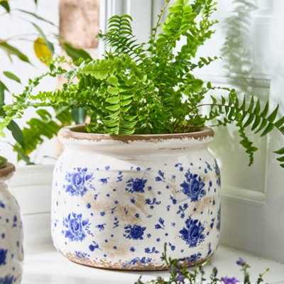 Vintage Medium Blue China Rose Spring Summer Plant Pot Indoor Flower Planter