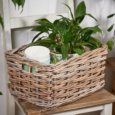 Vintage Medium Rectangular Grey Rattan Storage Basket