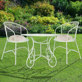 Vintage Ornate Cream 3 Piece Outdoor Alfresco Garden Furniture Dining Table and Chair Folding Bistro Set with Round Seat Cushions