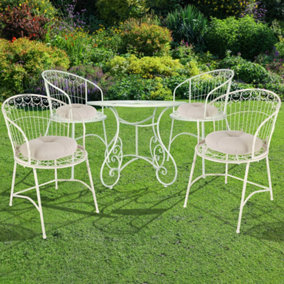 Vintage Ornate Cream 5 Piece Outdoor Alfresco Garden Furniture Dining Table and Chair Folding Bistro Set with Round Seat Cushions