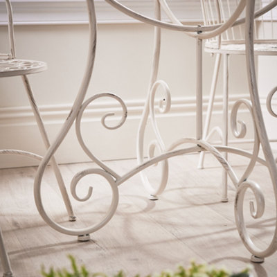 Vintage Ornate Cream Iron 3 Piece Indoor Outdoor Garden Furniture Hallway Kitchen Dining Table and Chair Folding Bistro Set