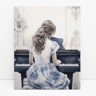 Vintage Piano Lady Canvas Wall Art, Blue and White Floral Dress, 30 x 40 cm  Mounted Canvas Print (Lady On The Piano)