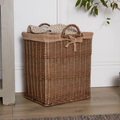 Vintage Rectangular Wicker Indoor Storage Basket with Hessian Lining