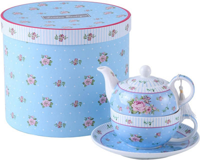 Vintage Rose Flower Victoria Flora Porcelain Tea for One Teapot and Cup suacer in Gift Box (Blue)