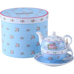 Vintage Rose Flower Victoria Flora Porcelain Tea for One Teapot and Cup suacer in Gift Box (Blue)