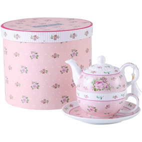Vintage Rose Flower Victoria Flora Porcelain Tea for One Teapot and Cup suacer in Gift Box (Pink)