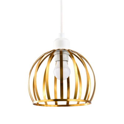 Vintage Round Cage Pendant Shade with Brushed Gold Metal Strips - Chic Design