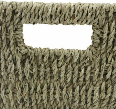 Vintage Rustic Seagrass Wicker Straw Wire Woven for Magazine Newspaper Rack Holder Storage Organizer Basket Bin with Handles Brown