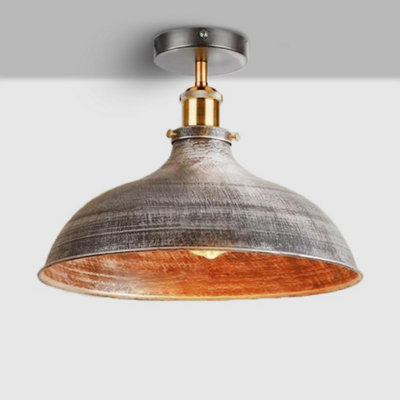 Vintage Semi Flush Ceiling Light in Brushed Silver Color Metal with E27 Lamp Holder Easy Fit for Indoor No Bulb